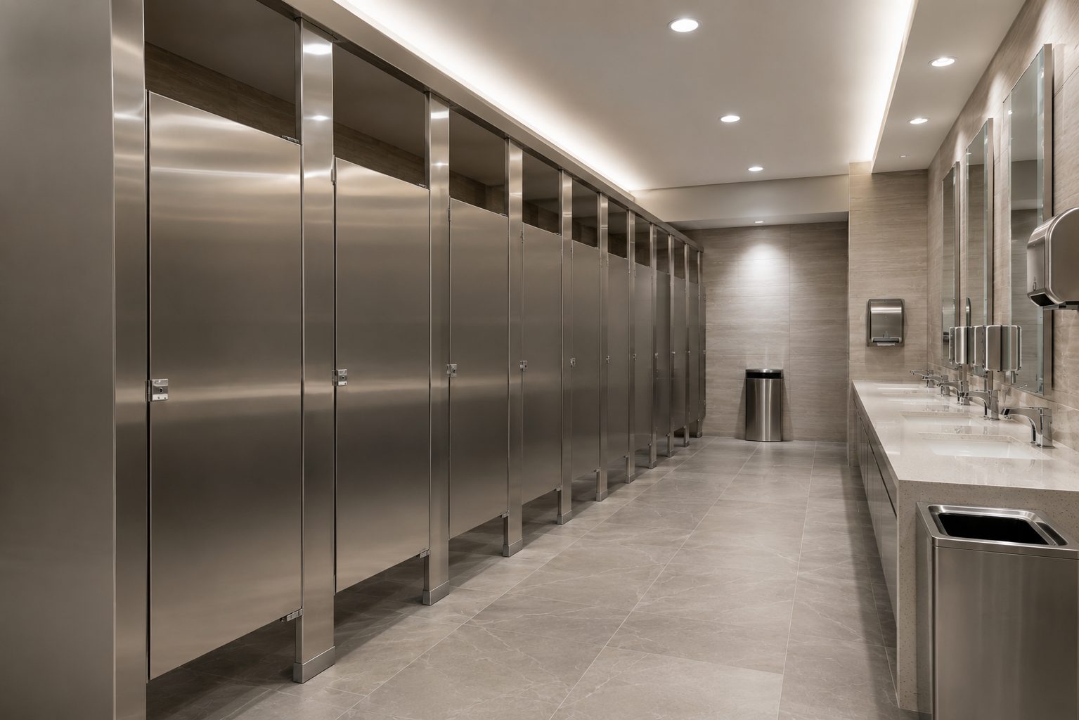 Stainless steel toilet partitions in a modern commercial restroom